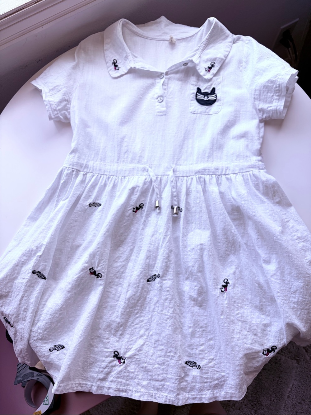 Kawaii Embroidered Cat Dress, Cotton Linen Blend, A-Line Peter Pan Collar! EUC!